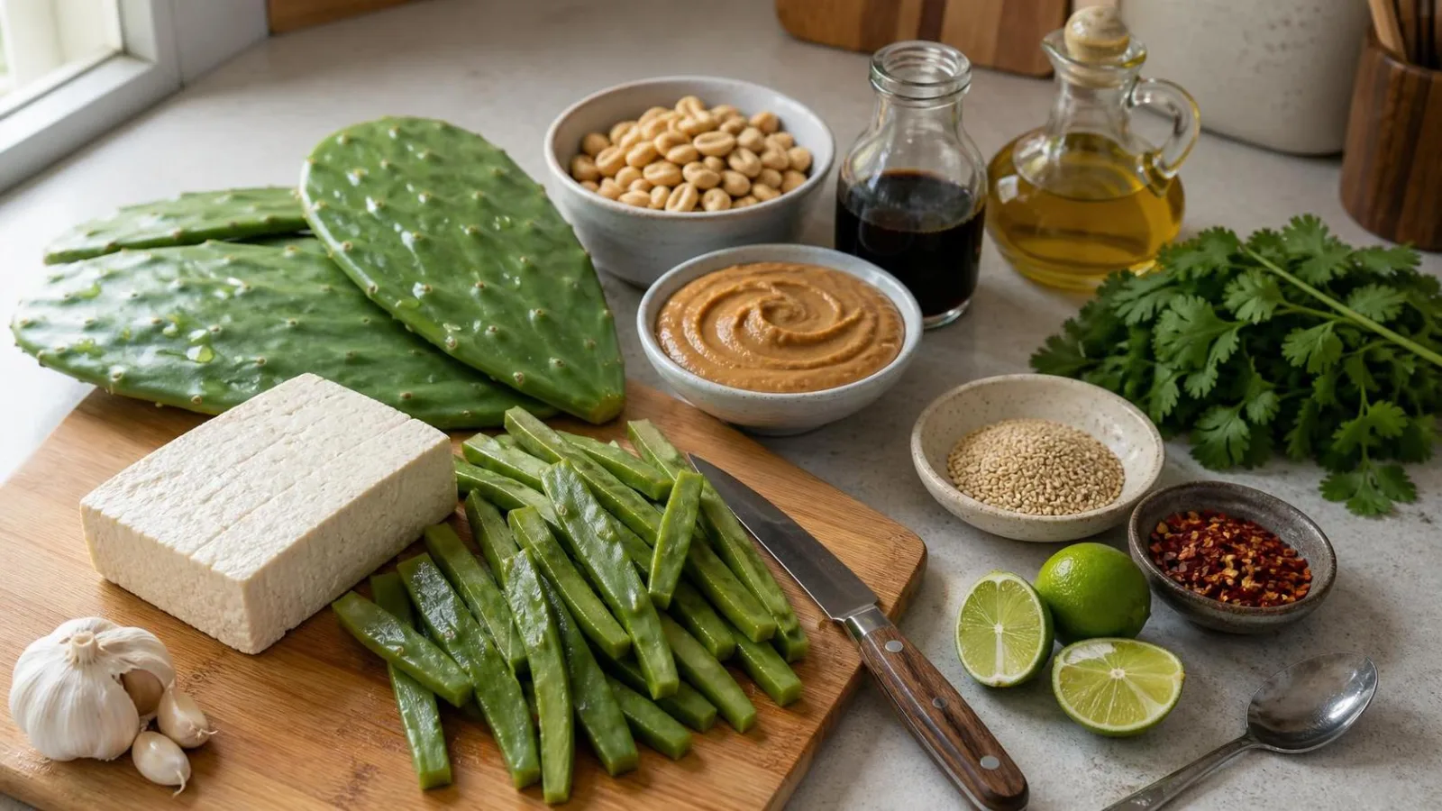Ingredientes reales para tofu dorado con nopales y salsa de cacahuate en cocina casera