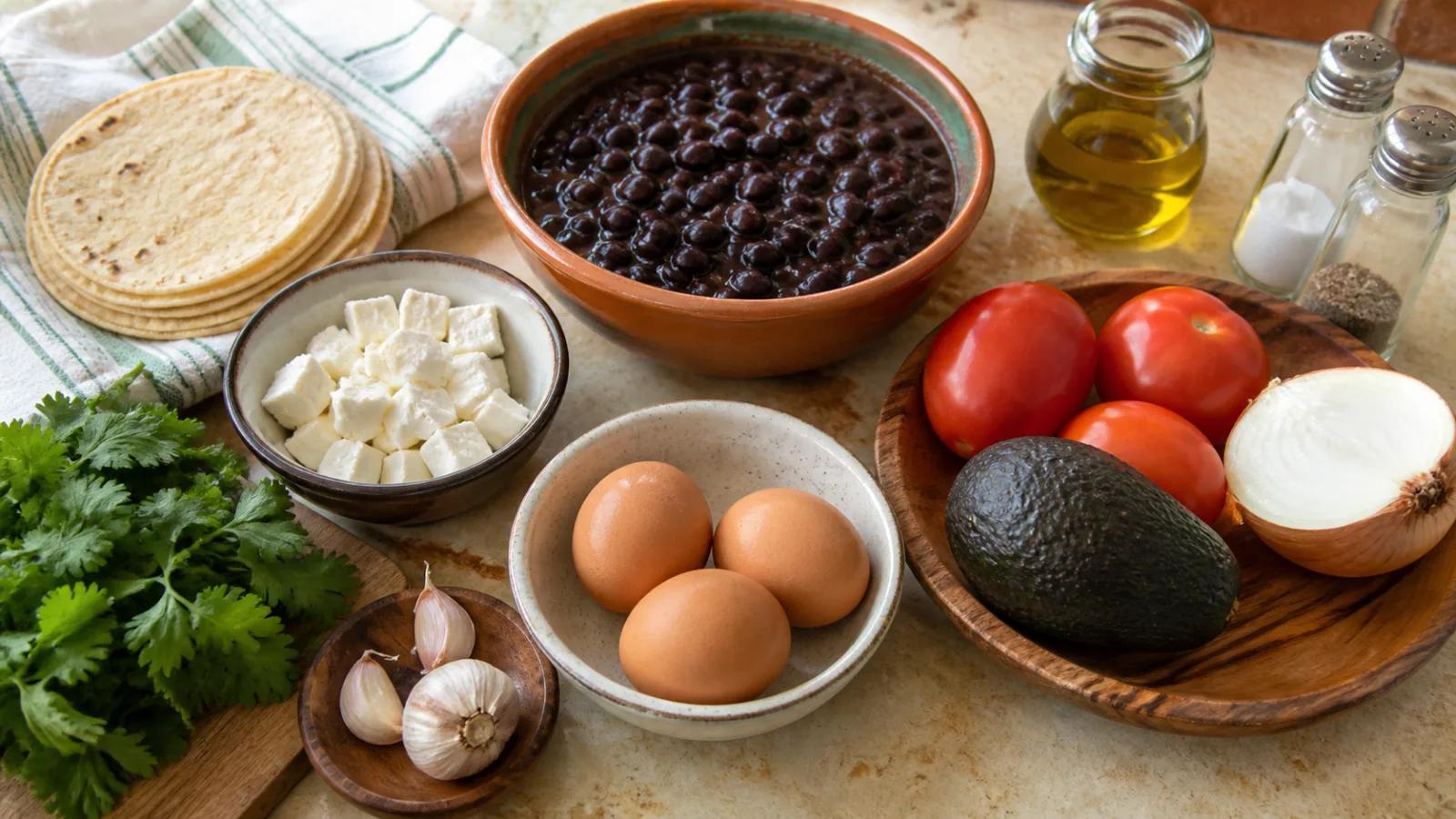 Ingredientes reales para cazuelita de frijoles con huevo en salsa roja acomodados en cocina casera