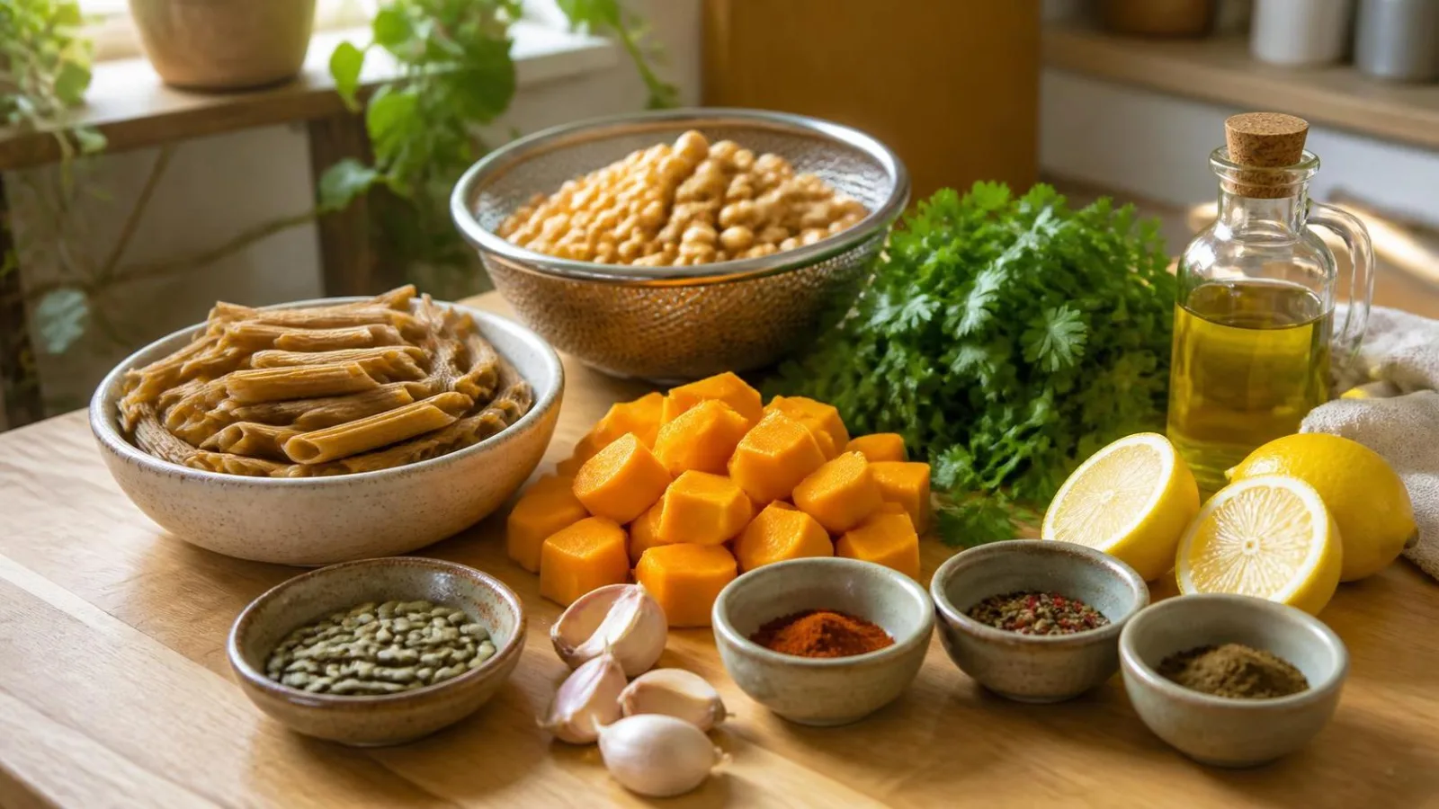 Ingredientes reales para pasta integral con calabaza asada garbanzos y pesto de cilantro en cocina casera