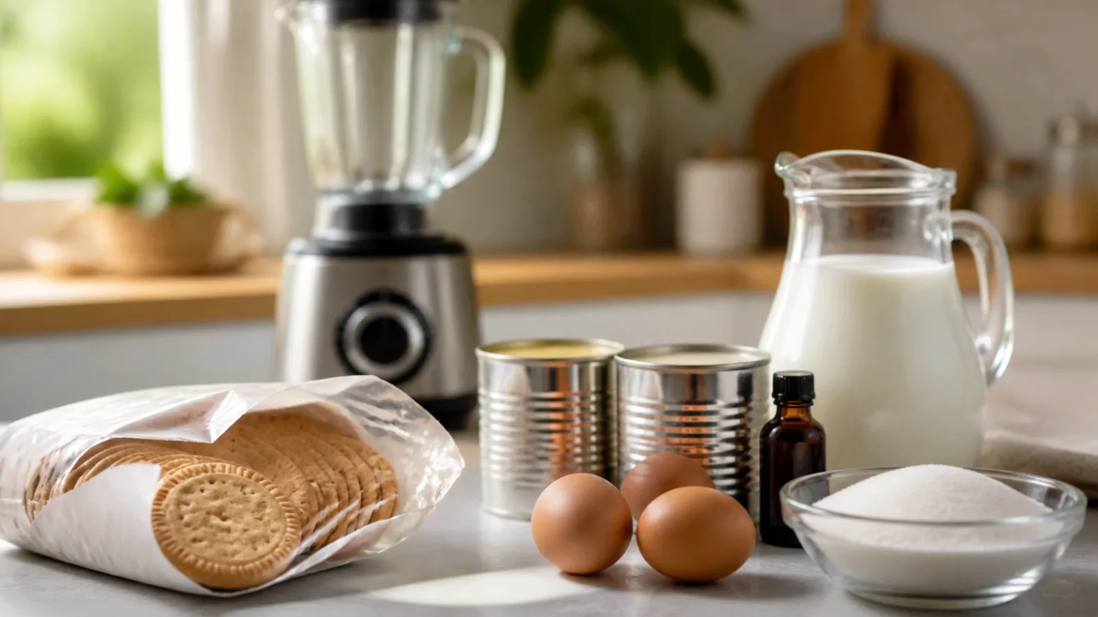 Ingredientes reales para flan de galleta Maria en licuadora acomodados en cocina casera