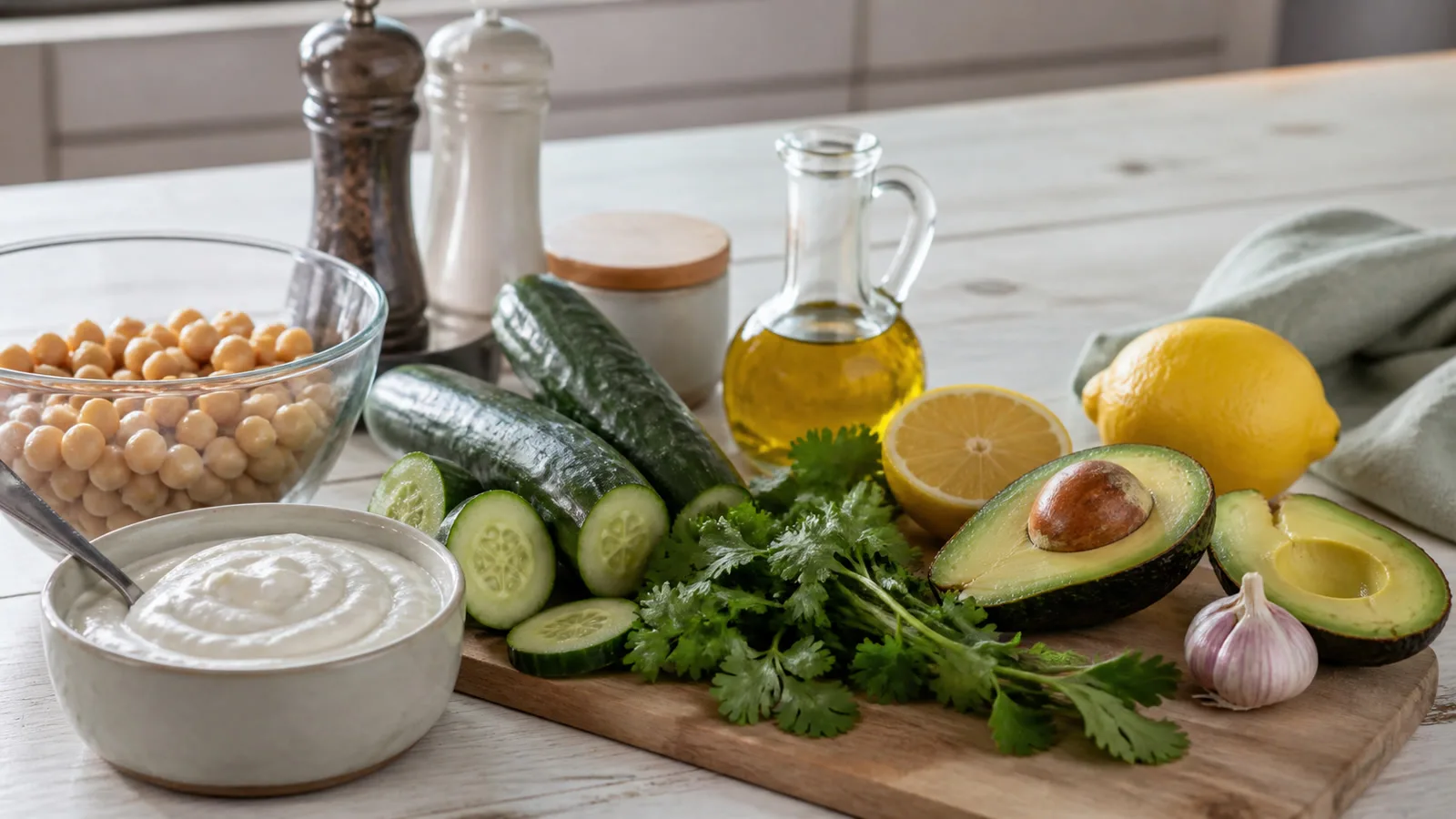 Ingredientes reales para sopa fria de pepino con aguacate yogur y garbanzos en cocina casera