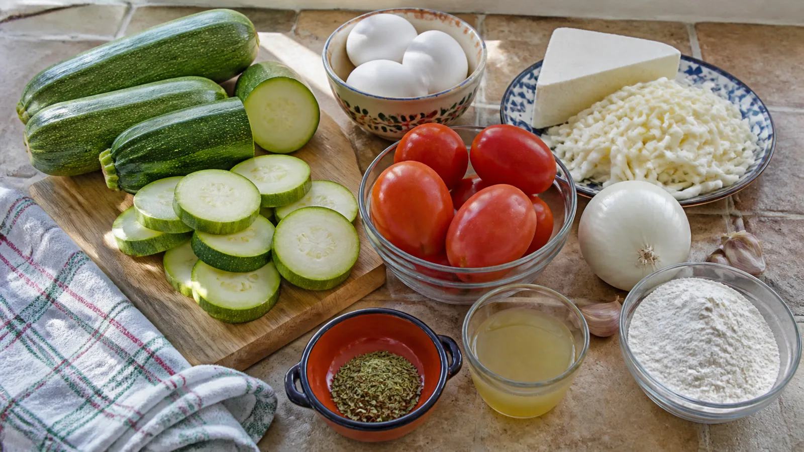 Ingredientes reales para calabacitas capeadas con queso en caldillo de jitomate en cocina casera