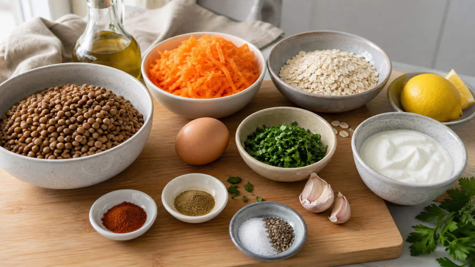 Ingredientes reales para hamburguesitas de lentejas con zanahoria y dip de yogurt en cocina casera