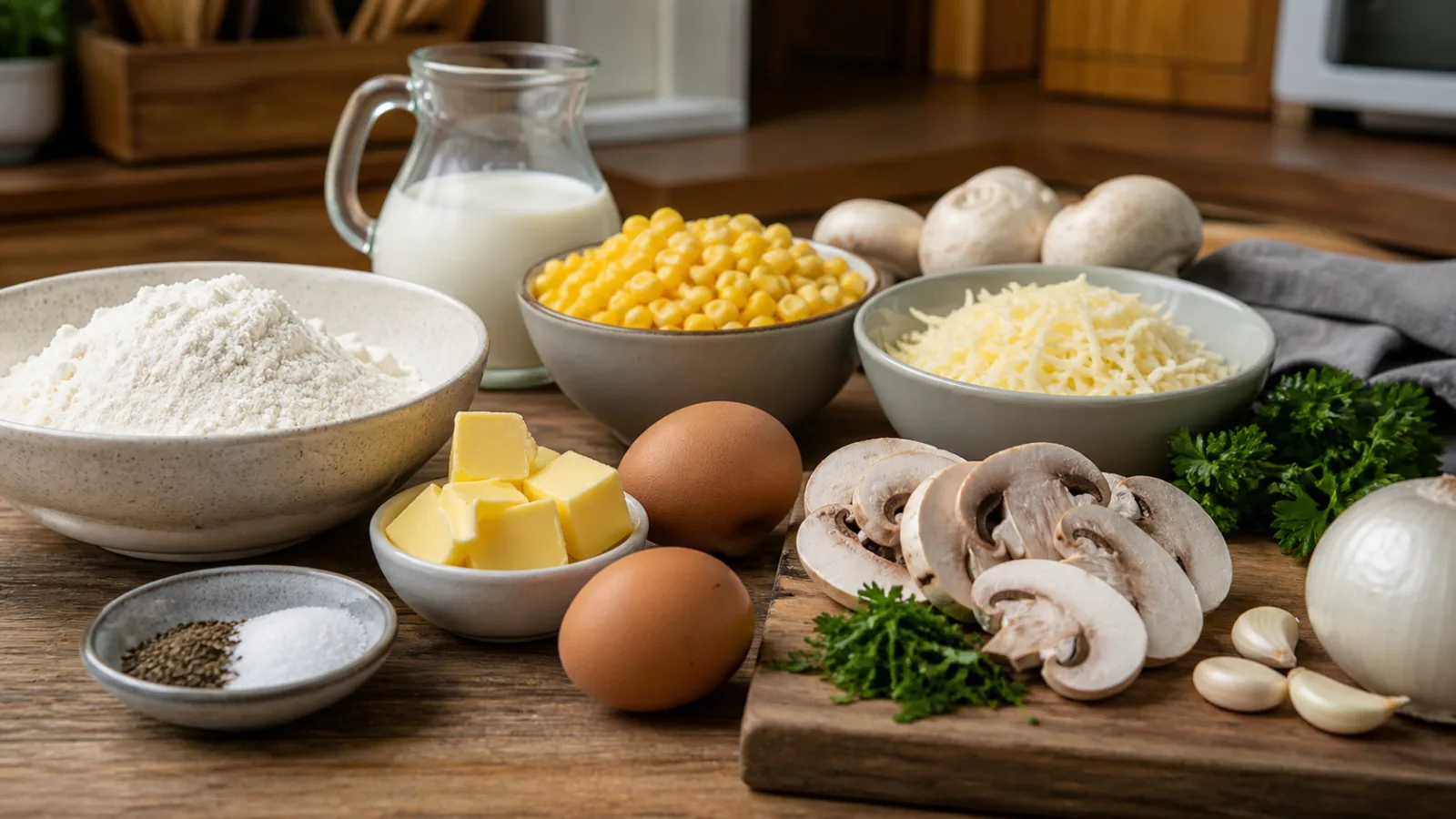 Ingredientes reales para crepas saladas de champinones con elote y queso en cocina casera
