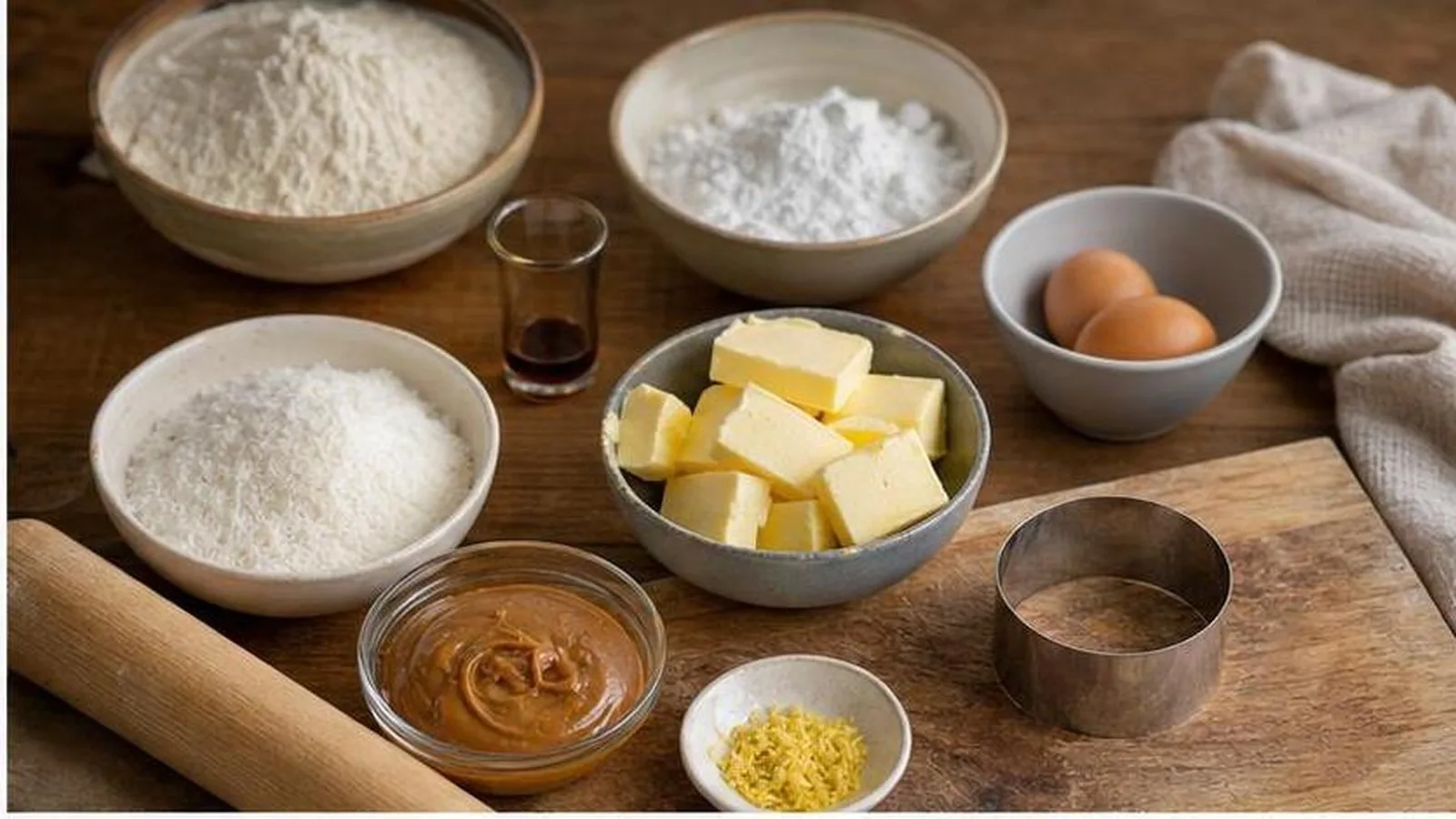 Ingredientes para alfajores de maicena con mantequilla huevos maicena harina dulce de leche y coco en cocina casera