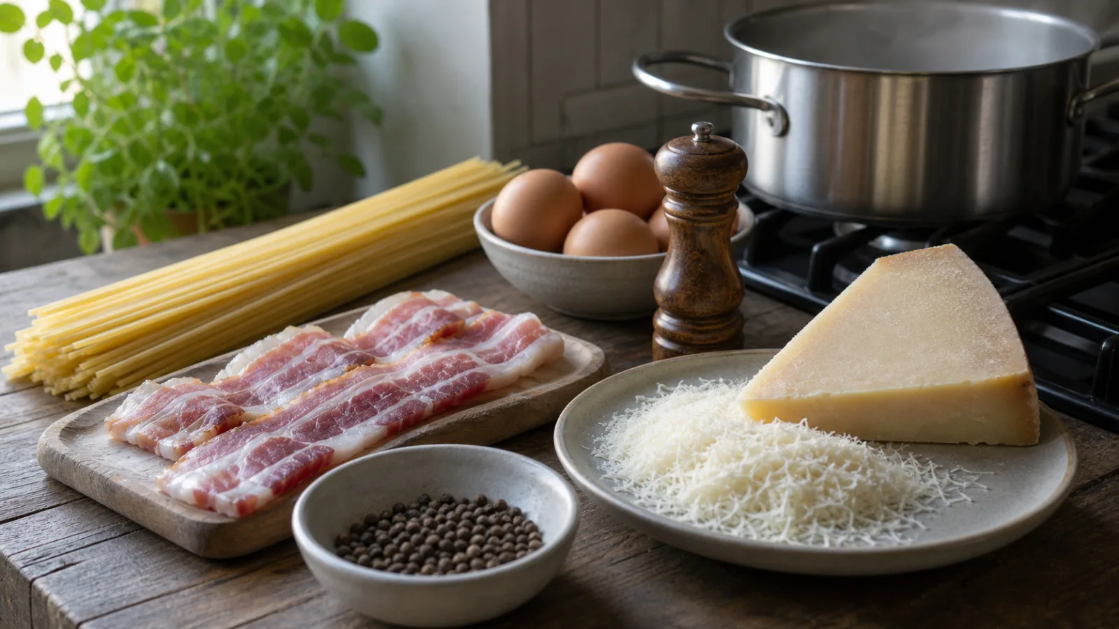 Ingredientes para pasta carbonara con espagueti, huevos, queso, guanciale y pimienta negra