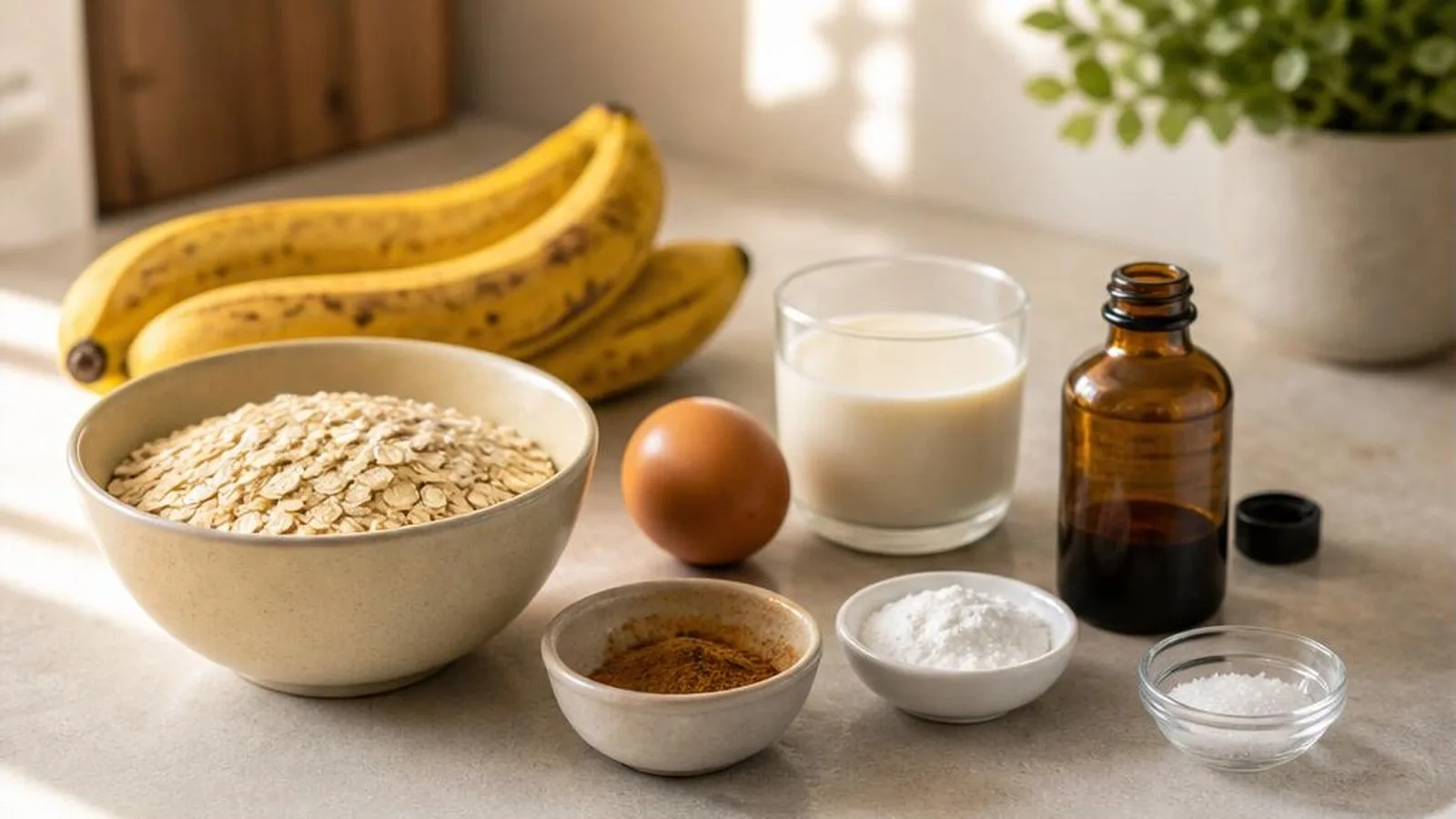 Ingredientes para hotcakes de avena y plátano: avena, banana, huevo, leche, canela, vainilla y polvo para hornear