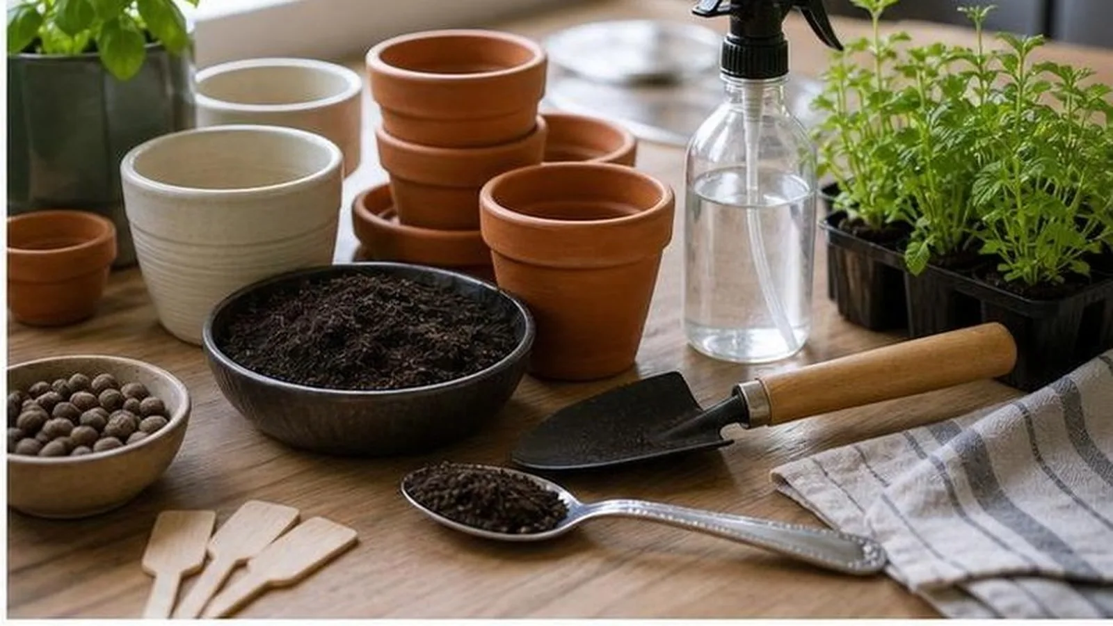 Materiales para cultivar hierbas frescas en maceta dentro de casa