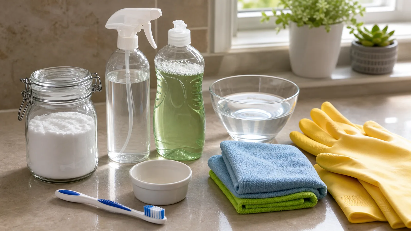Materiales caseros para limpiar juntas de azulejo: bicarbonato, vinagre, jabon suave, cepillo y microfibra