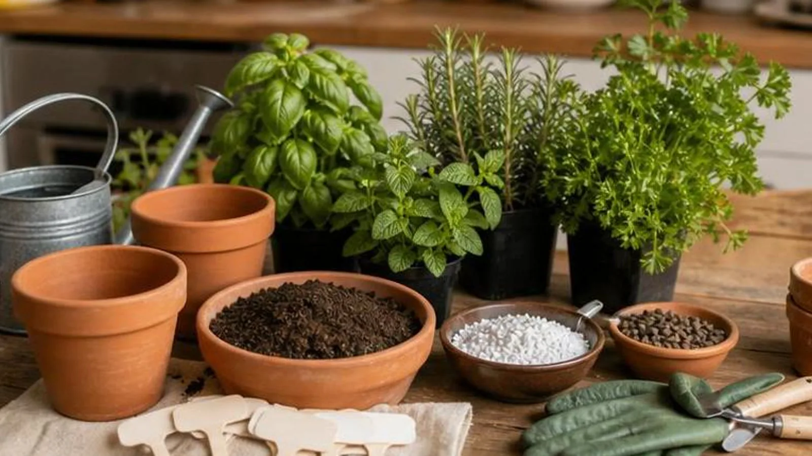 Materiales para preparar macetas de hierbas aromaticas en una mesa de cocina