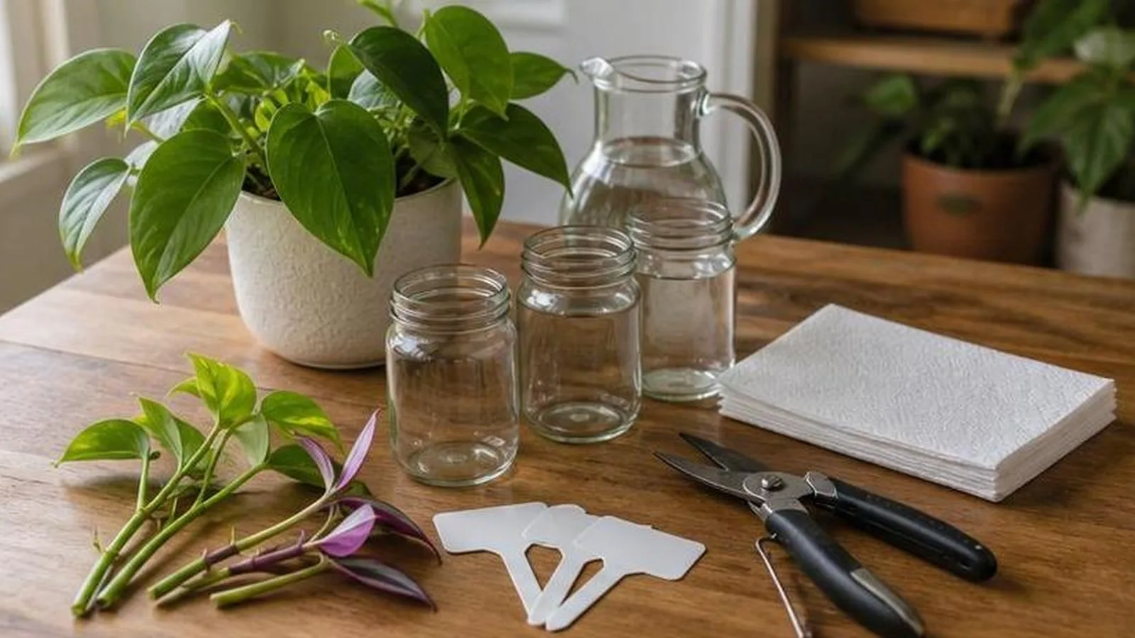 Materiales para hacer esquejes de plantas de interior en una mesa con frascos tijeras y tallos frescos