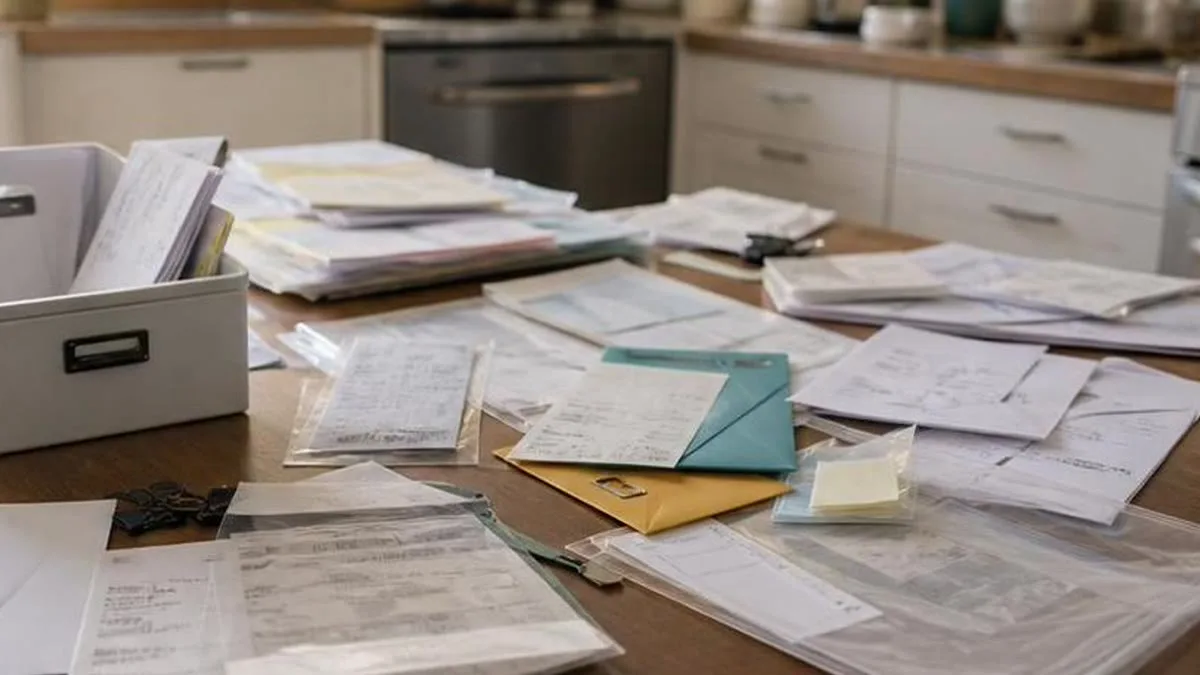 Papeles de casa, carpetas, sobres y separadores listos para organizar documentos familiares