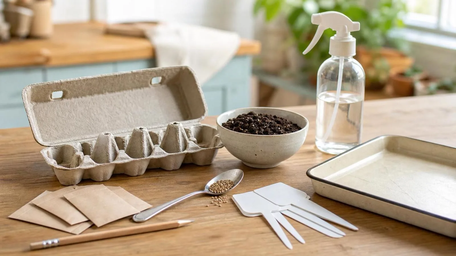 Materiales para hacer un semillero casero con carton de huevo tierra semillas atomizador y charola