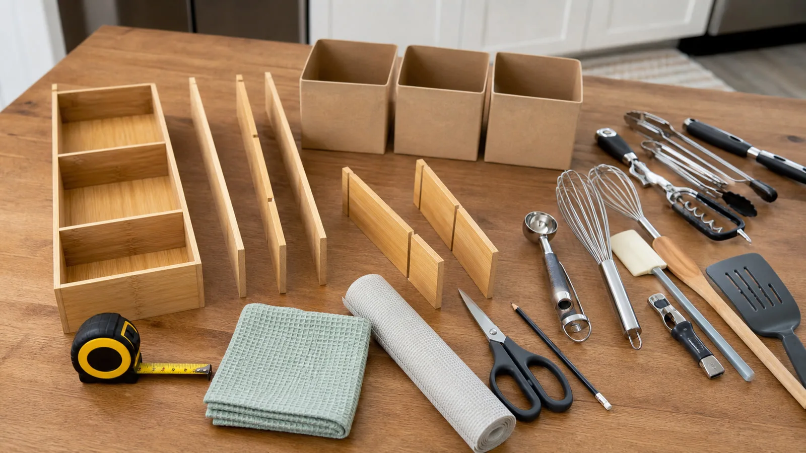 Materiales para ordenar cajones de cocina con separadores, cajas pequenas, cinta metrica y utensilios