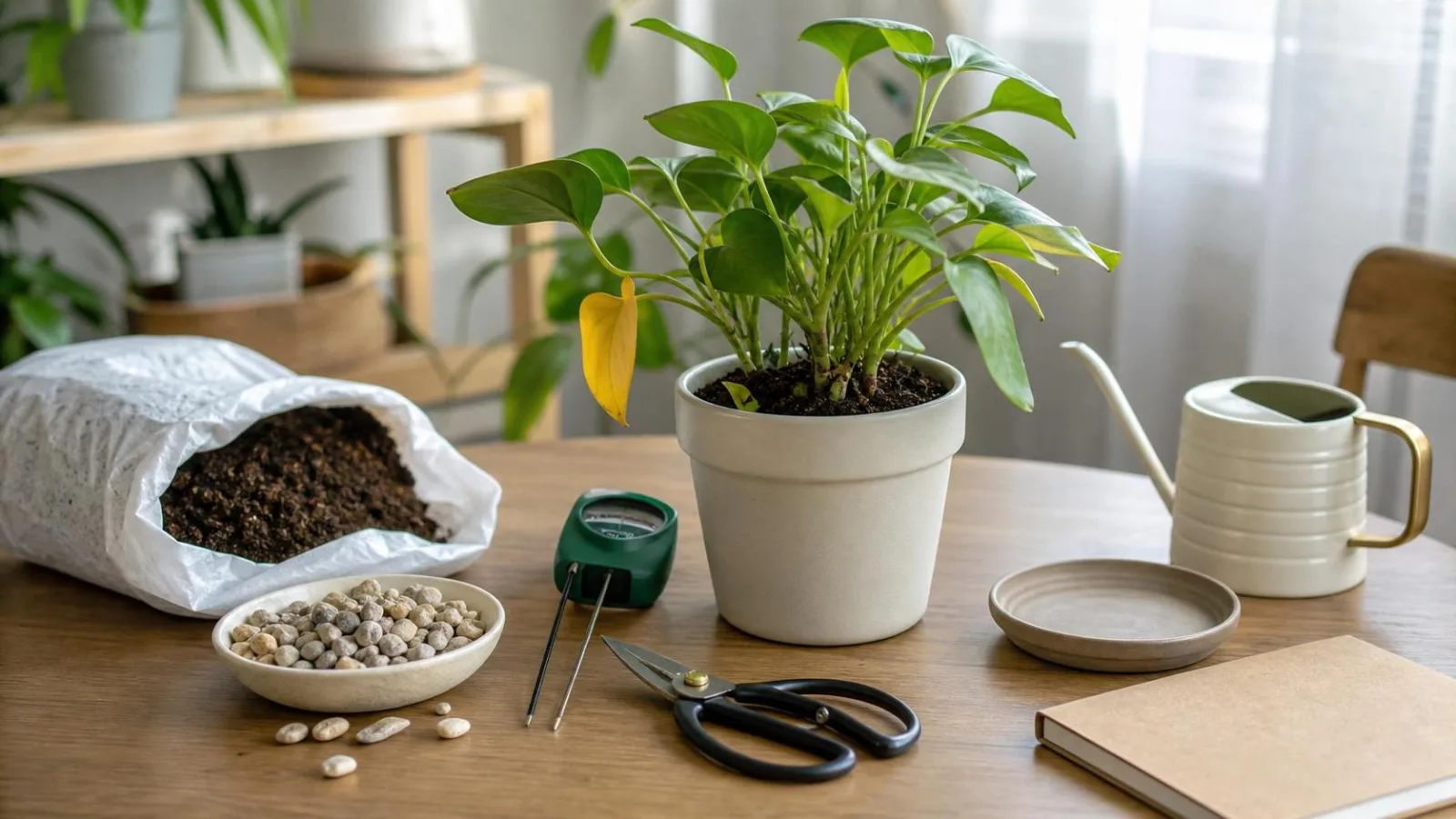 Materiales para revisar una planta con hojas amarillas en casa