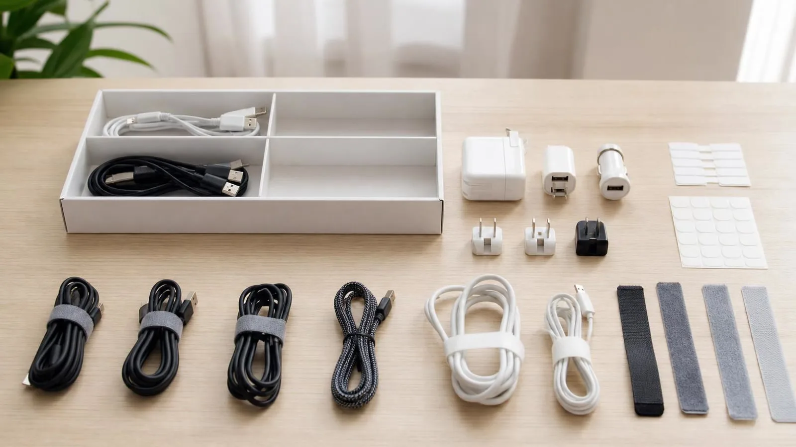 Cables cargadores etiquetas velcros y caja organizadora sobre una mesa de casa