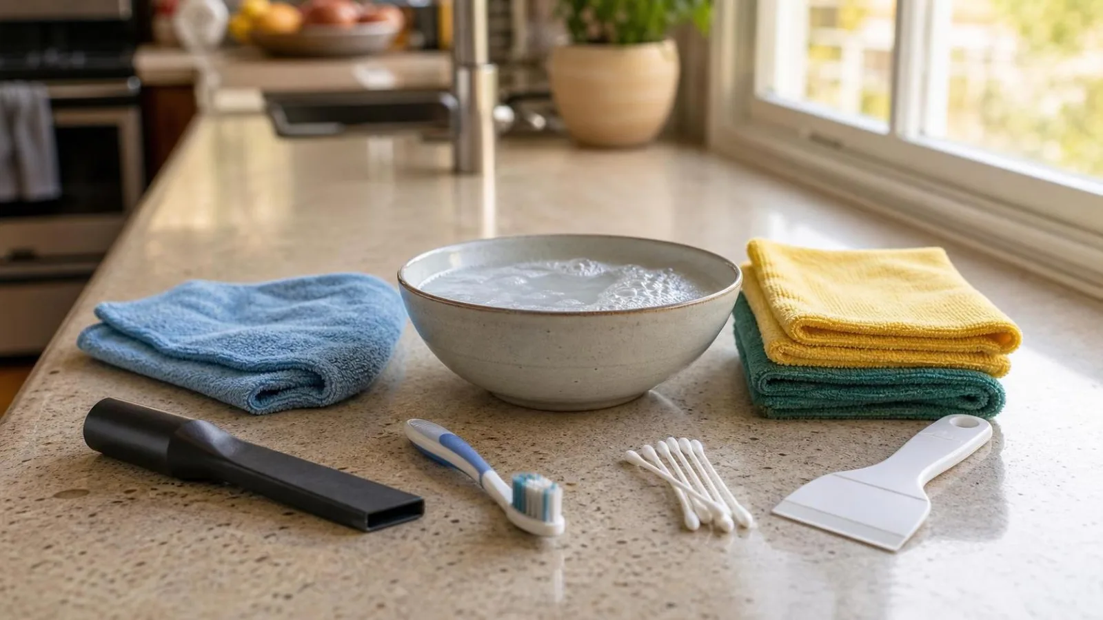 Materiales caseros para limpiar rieles de ventanas con cepillo pequeno, aspiradora, panos y jabon neutro