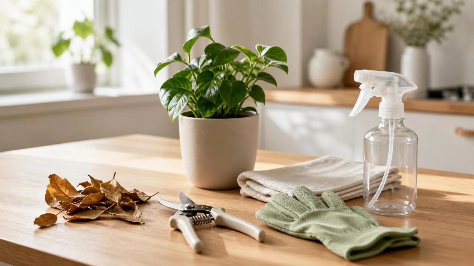 Materiales para podar plantas de interior con tijeras limpias guantes y paño sobre mesa