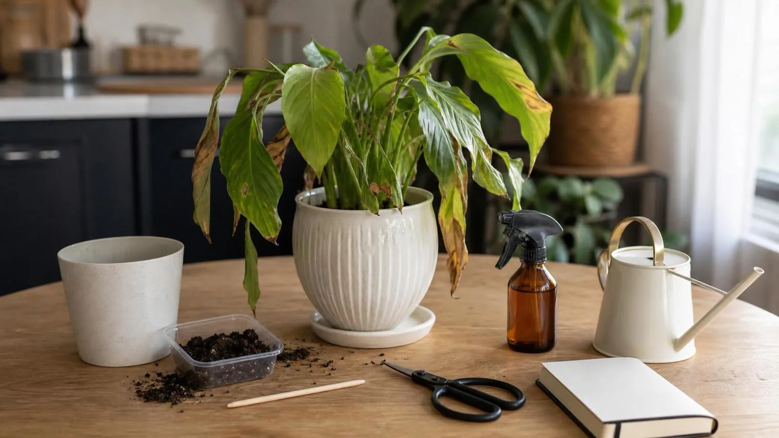 Materiales caseros para revisar una planta de interior con hojas caidas