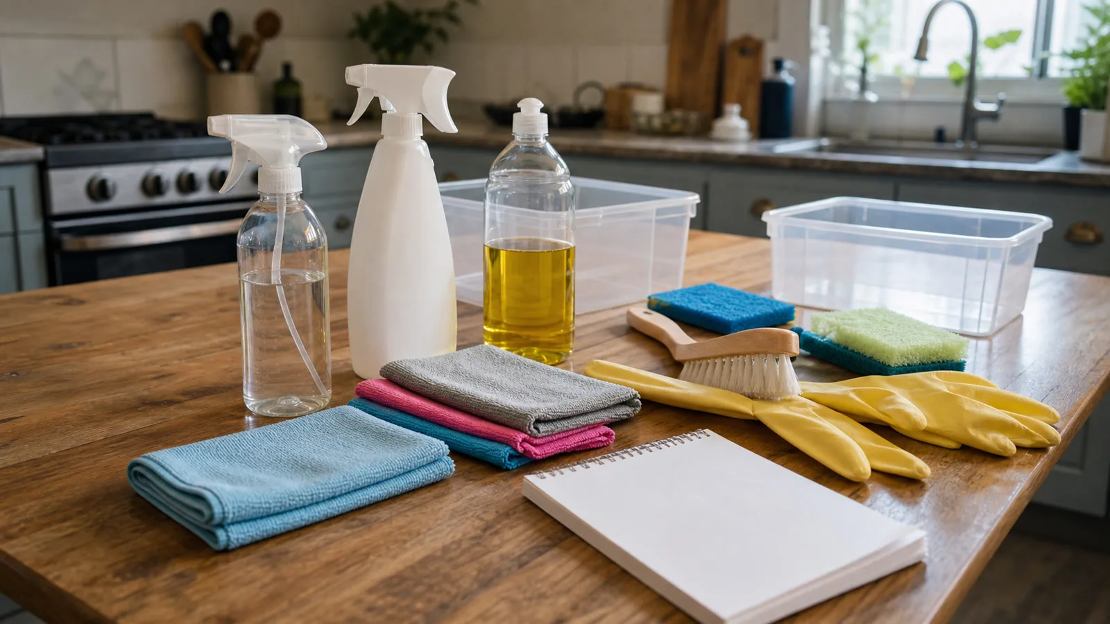 Productos de limpieza panos guantes esponjas y contenedores reunidos sobre mesa de cocina