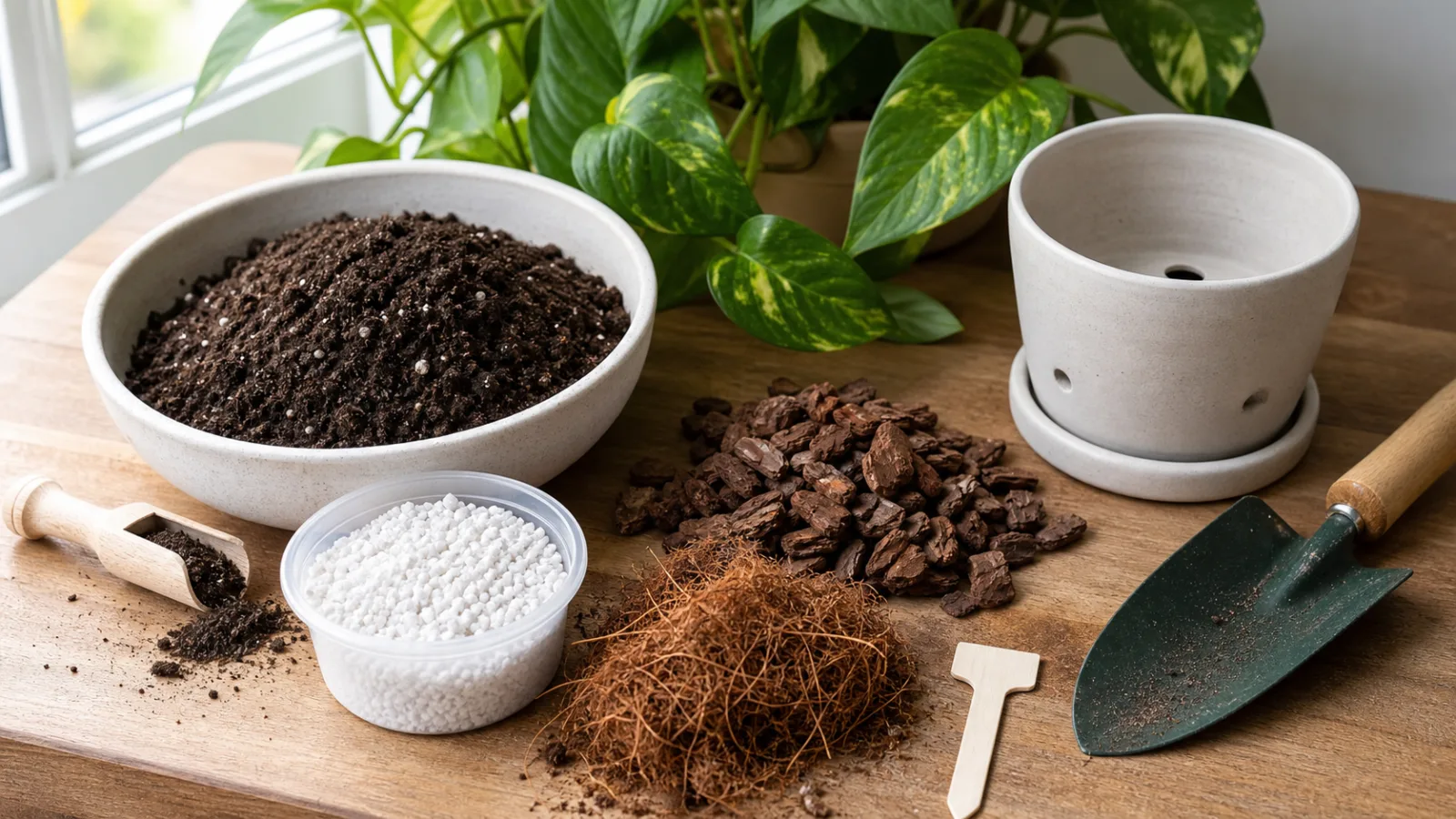 Materiales caseros para preparar sustrato aireado con tierra perlita fibra de coco corteza y maceta con drenaje