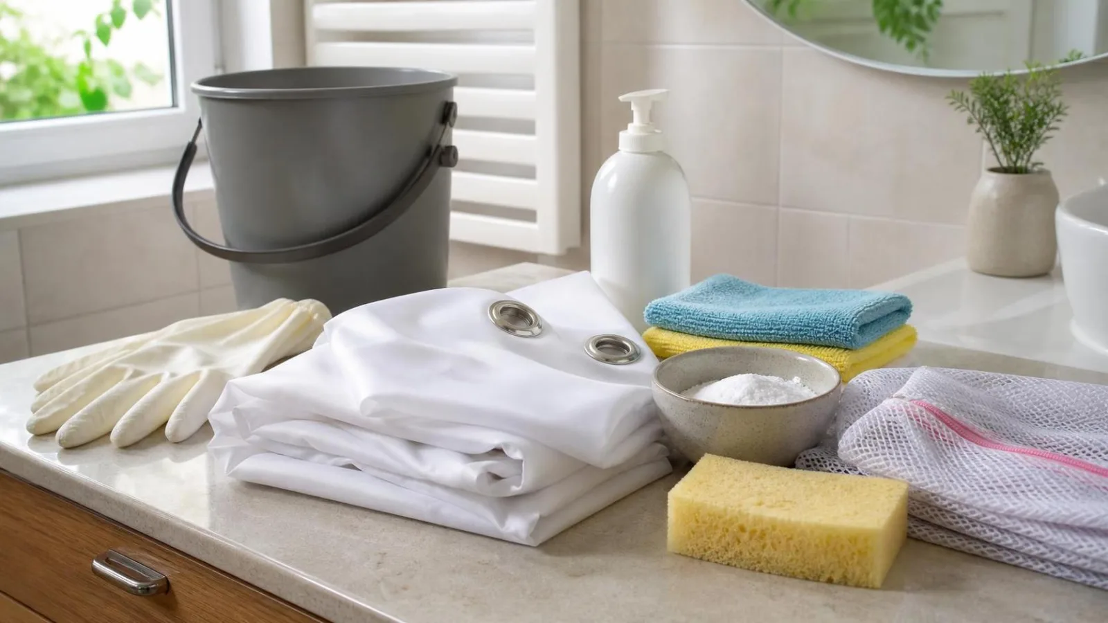 Materiales caseros para limpiar cortinas de baño sin cloro con jabón suave bicarbonato esponja y paños