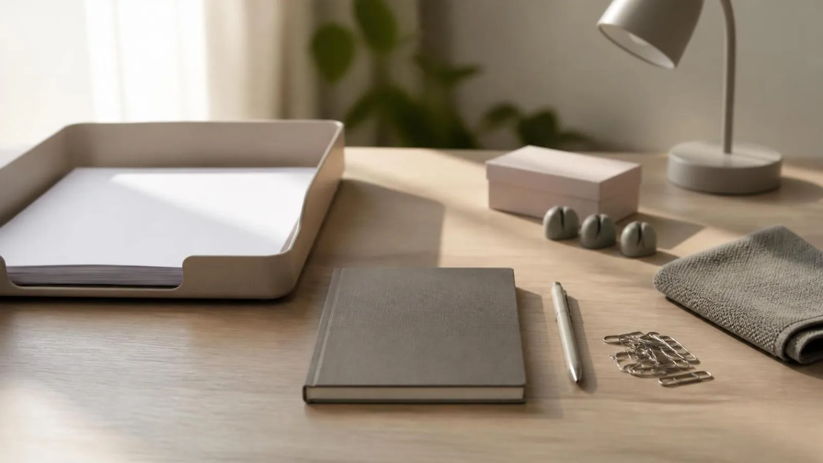 Materiales para organizar un escritorio pequeno en casa con cajas, bandeja, libreta, lapices y panos