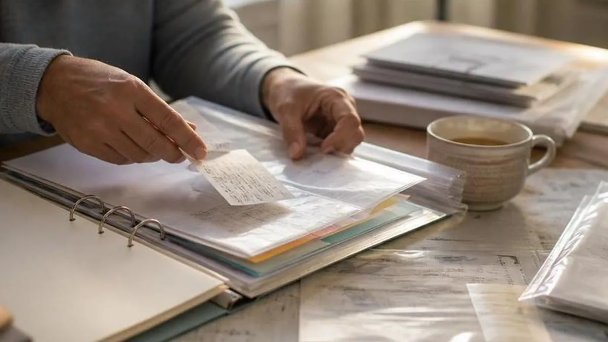 Manos clasificando documentos del hogar en pilas con separadores y carpeta familiar