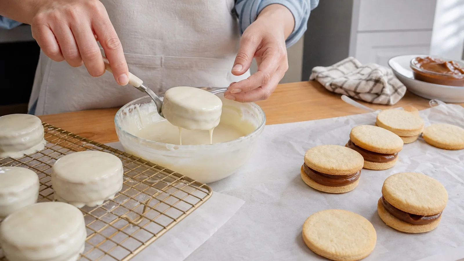 Manos bañando alfajores rellenos en chocolate blanco en una cocina casera