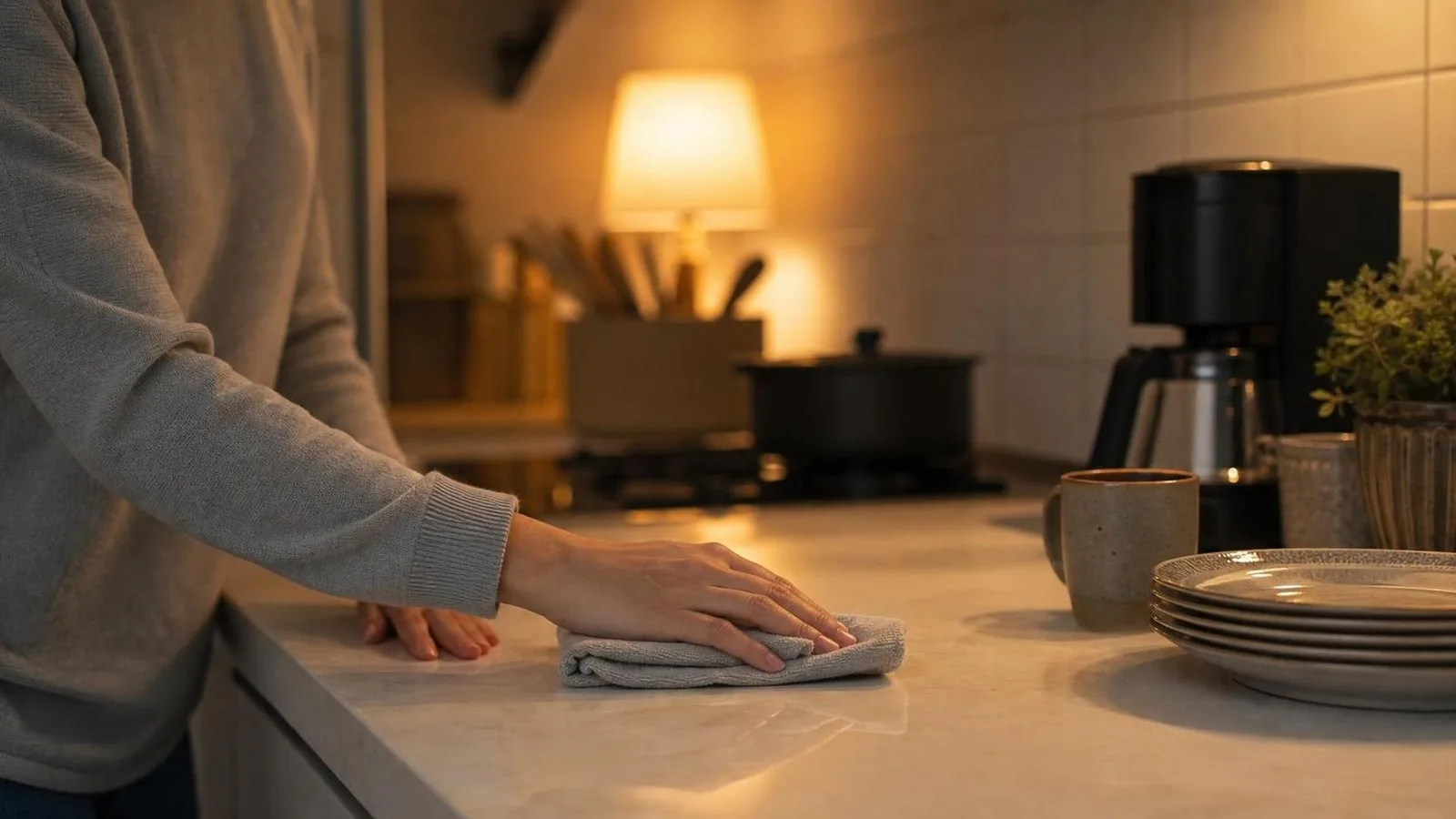 Persona limpiando una encimera de cocina por la noche con paño y objetos acomodados