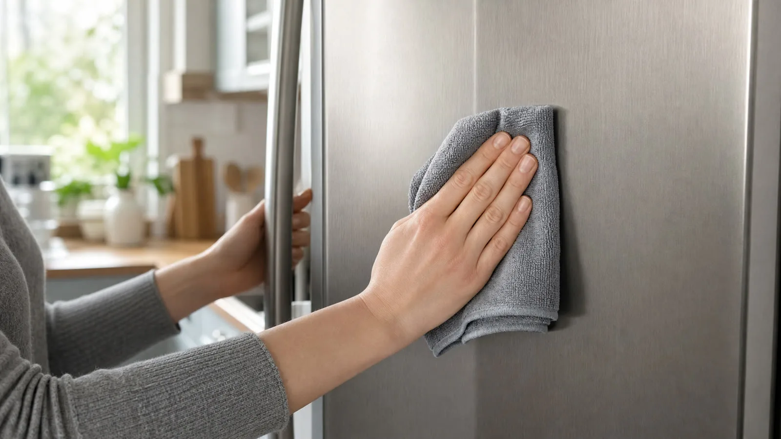 Persona limpiando la puerta de un refrigerador de acero inoxidable con un pano de microfibra