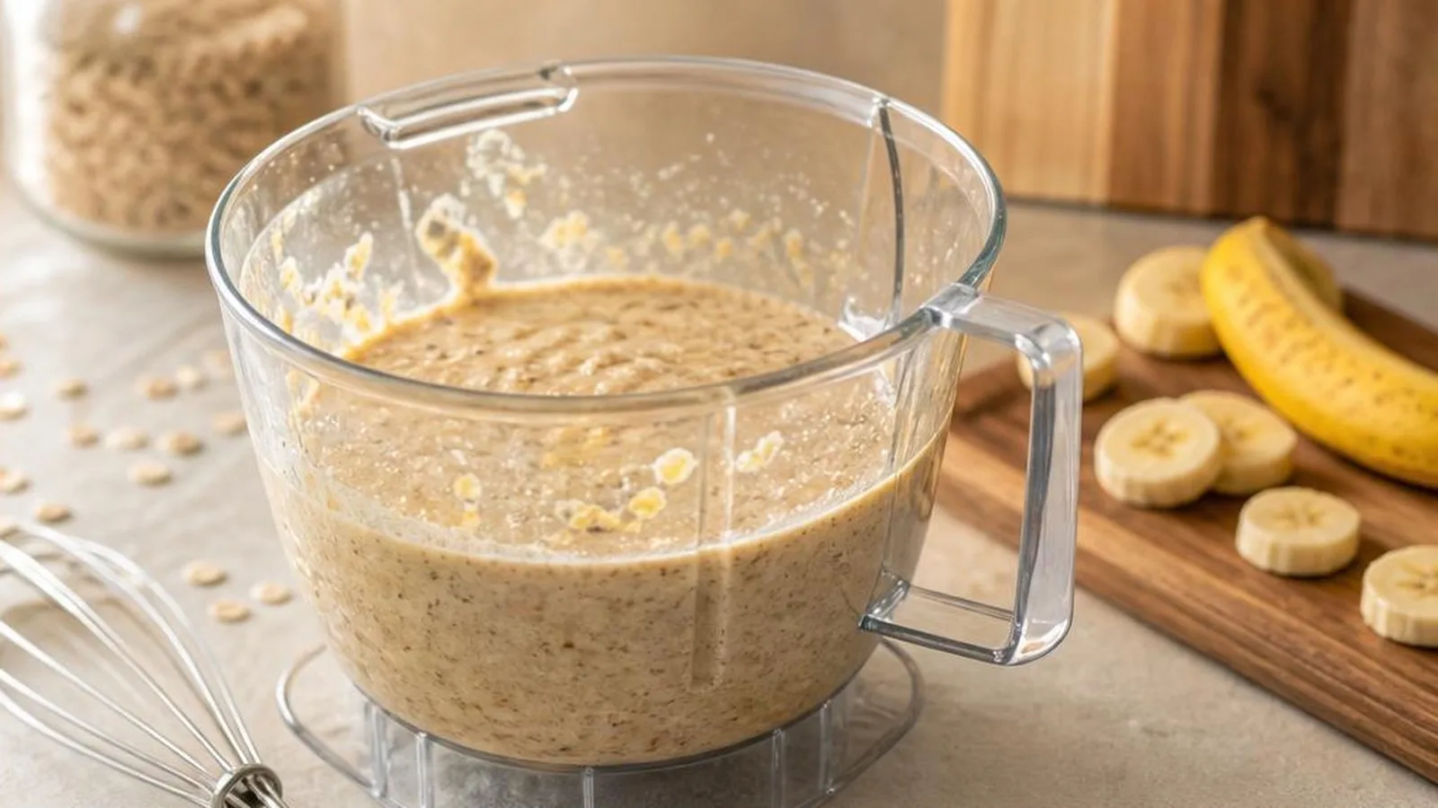 Masa espesa de avena y plátano en vaso de licuadora lista para reposar