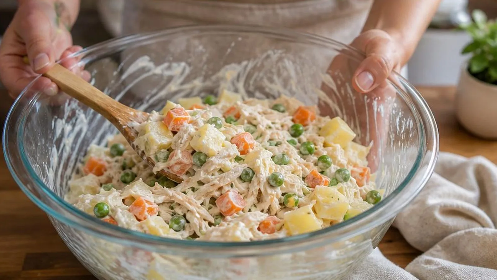 Preparacion casera de ensalada de pollo fria mezclando pollo y verduras con crema ligera en bowl de vidrio