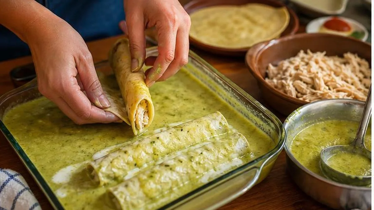 Preparacion casera de enchiladas suizas verdes enrollando tortillas con pollo y salsa en refractario