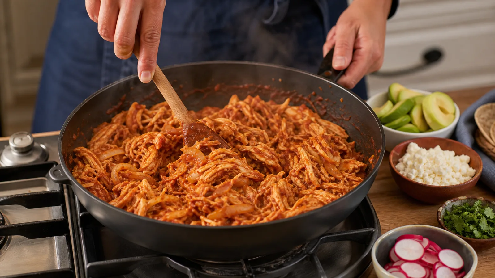 Preparacion casera de tinga de pollo con chipotle en sarten, pollo deshebrado en salsa de jitomate y cebolla