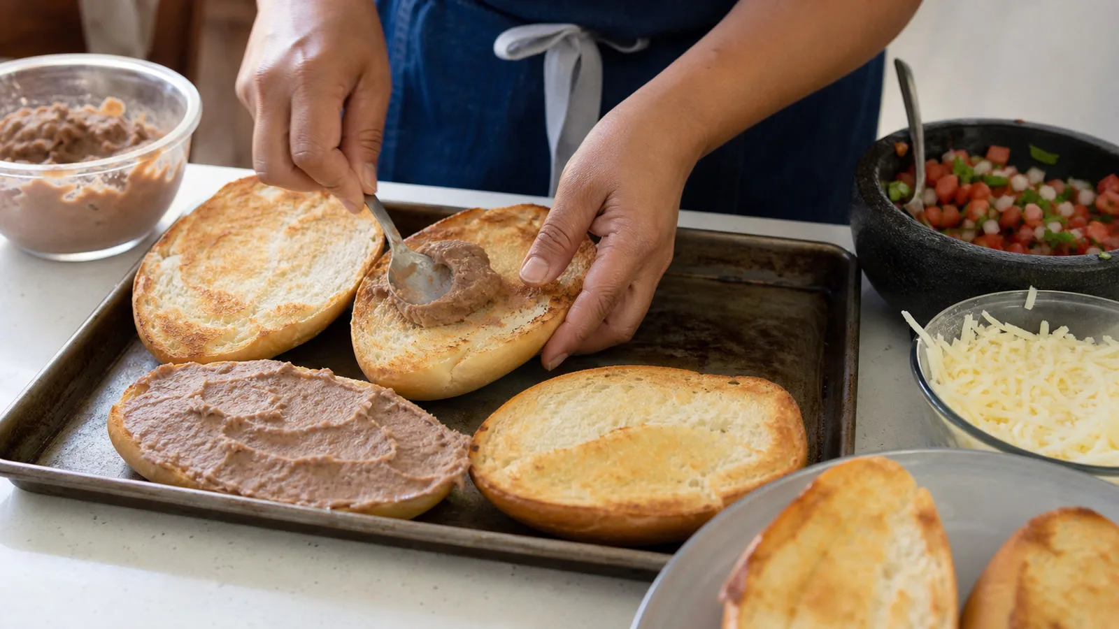 Preparacion casera de molletes con frijoles untados sobre bolillo y queso listo para gratinar