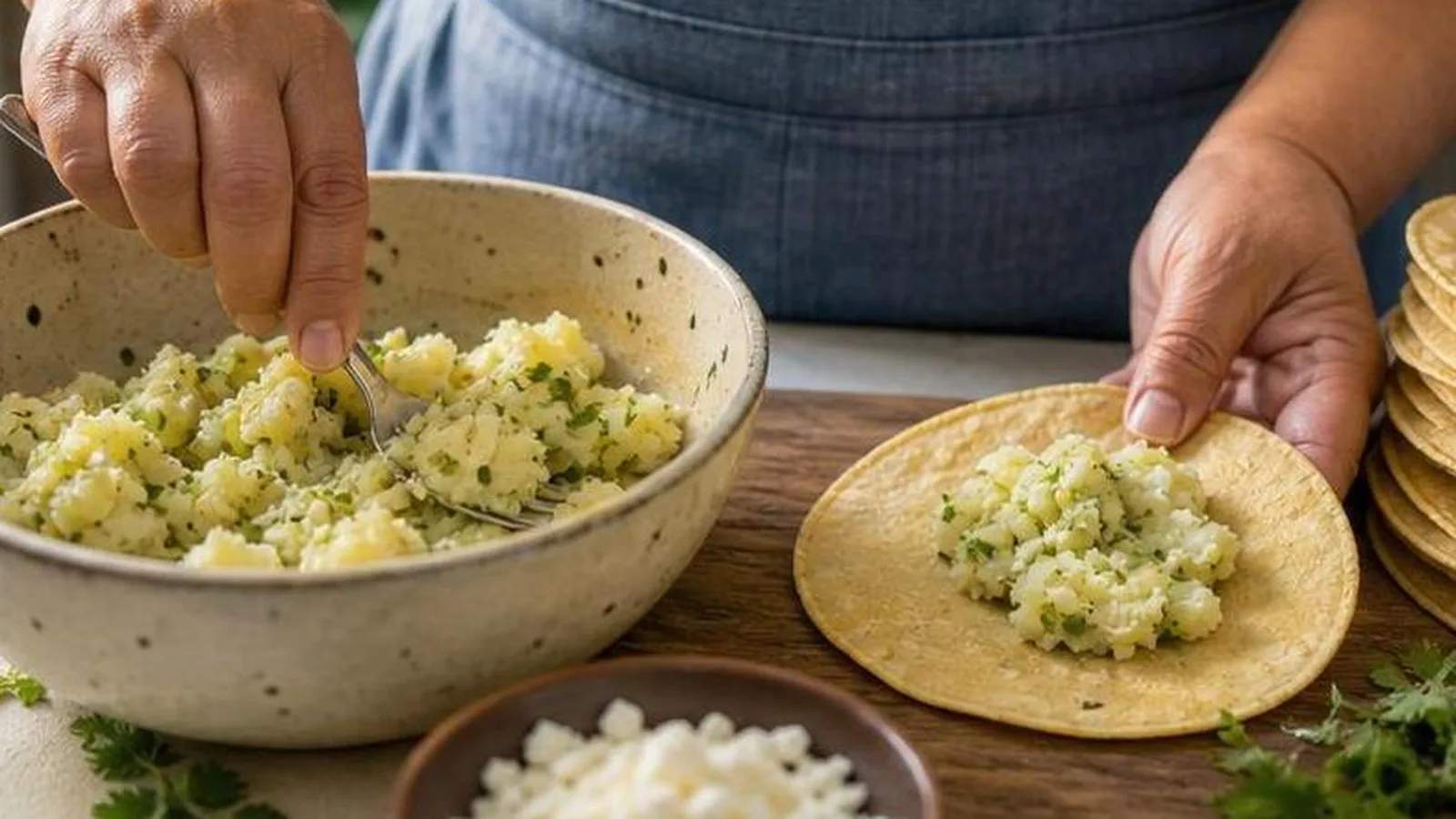 Preparacion casera de tacos dorados de papa con tortillas rellenas y papa machacada
