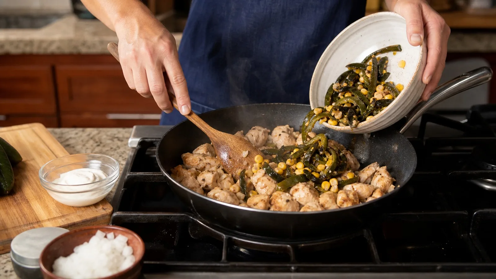 Preparacion casera de pollo con rajas poblanas y elote en sarten