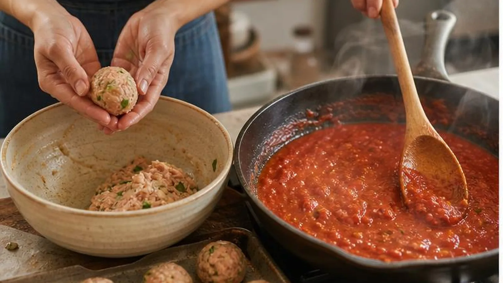 Manos formando albondigas de pollo caseras junto a una sarten con salsa roja de chipotle