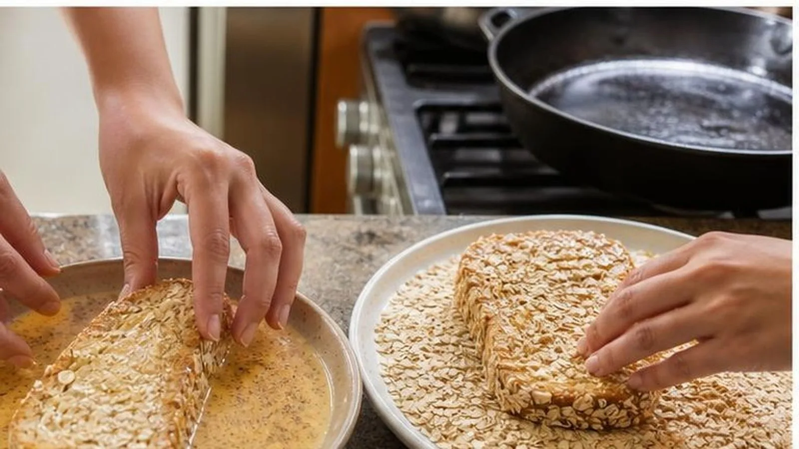 Manos preparando tostadas francesas caseras con mezcla de huevo y avena