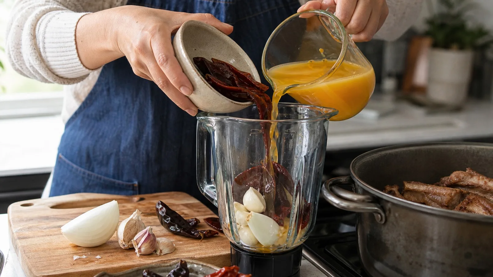 Preparacion casera de salsa de guajillo con jugo de naranja para costillas