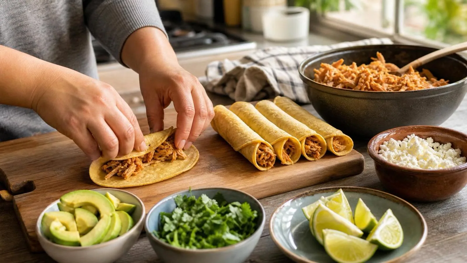 Manos rellenando tortillas de maiz con pollo deshebrado para formar flautas caseras