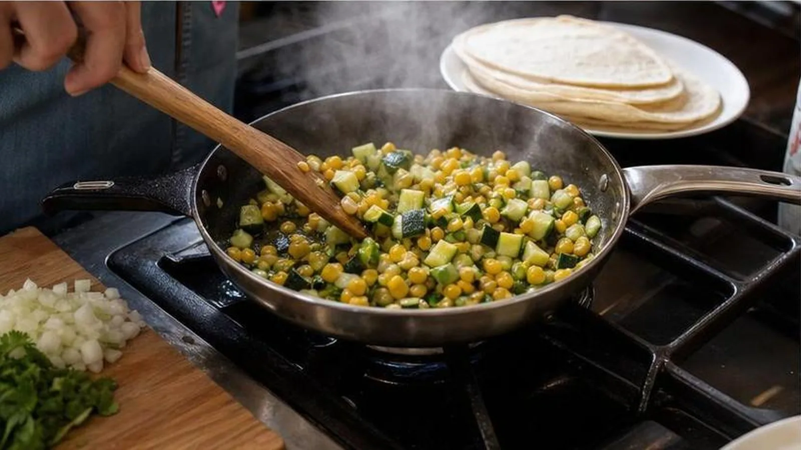 Manos preparando relleno de calabacita y elote para enchiladas caseras en sarten