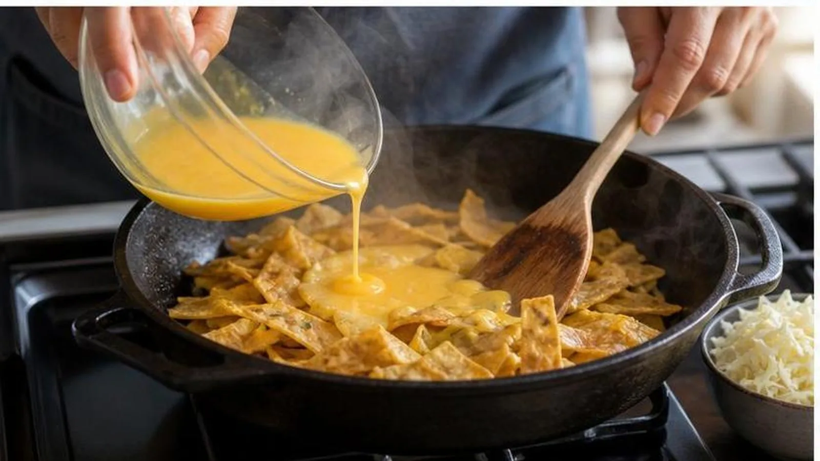 Manos preparando huevos con tortilla en sarten casero