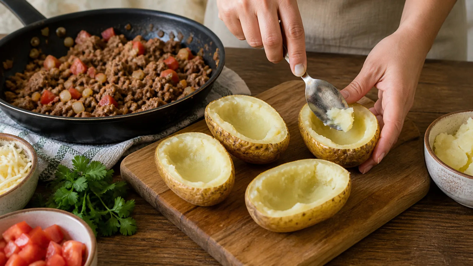 Manos ahuecando papas y preparando relleno de carne molida casera