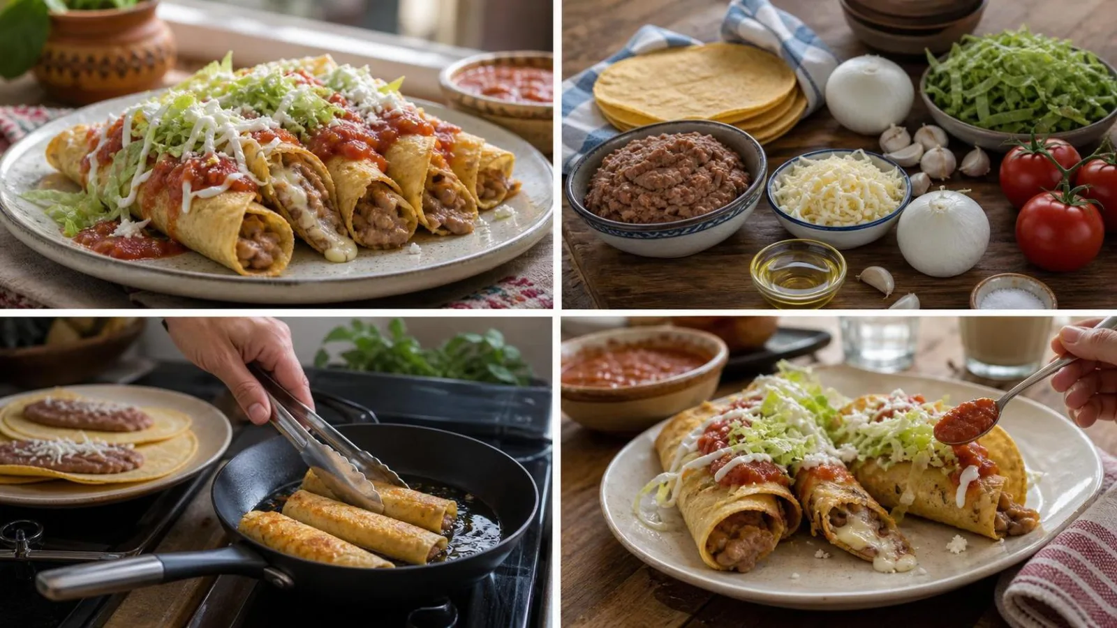 Manos preparando tacos dorados de frijol y queso en sarten casero