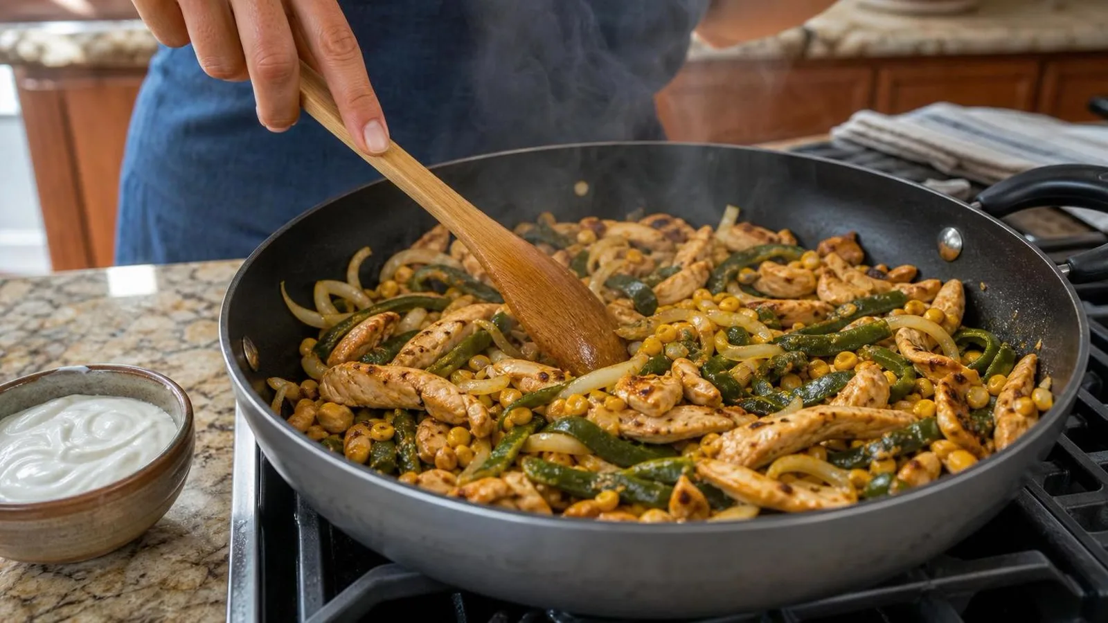 Manos cocinando pollo con cebolla en sartén casero para preparar rajas con crema
