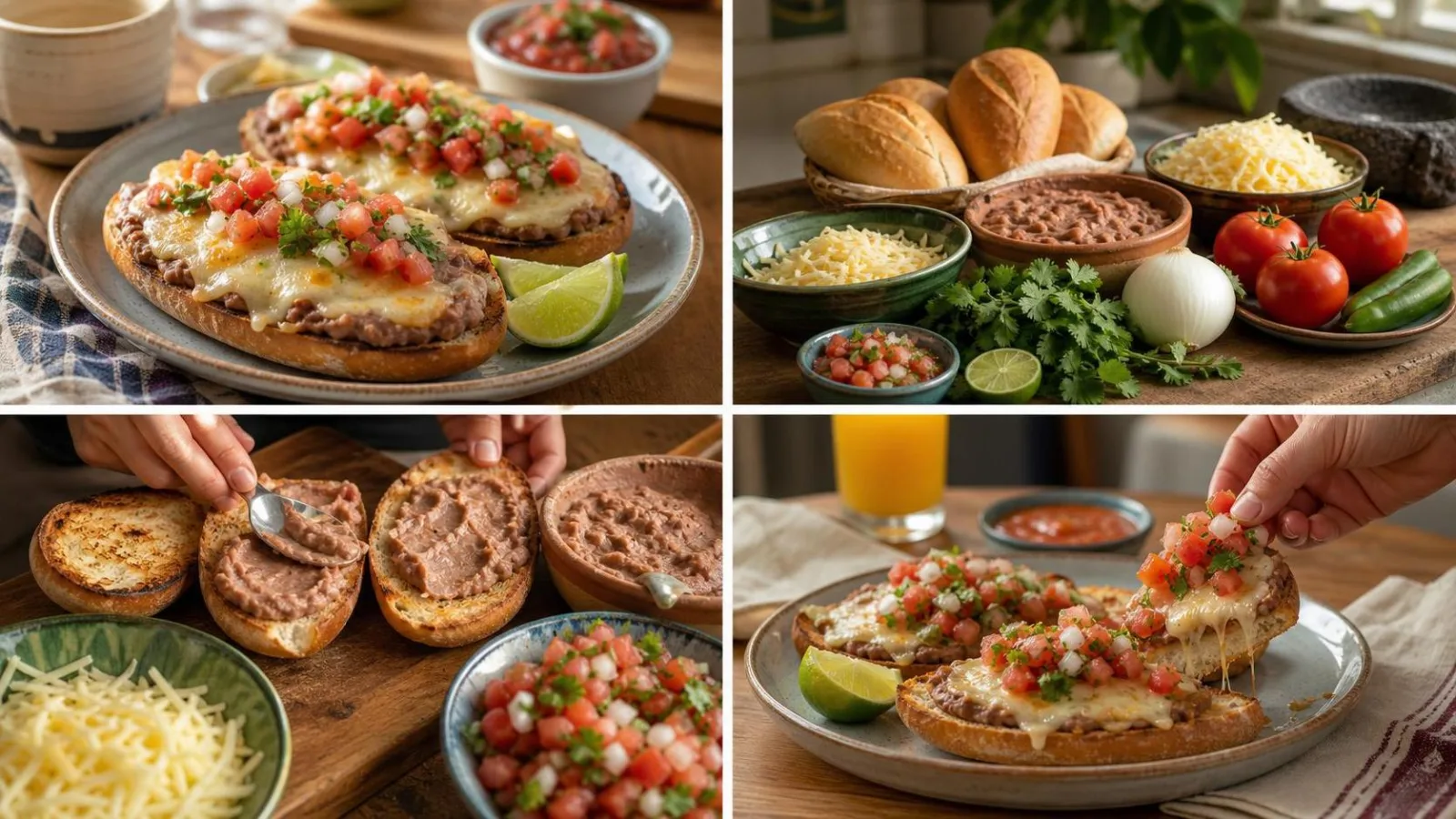 Manos untando frijoles sobre pan para preparar molletes caseros