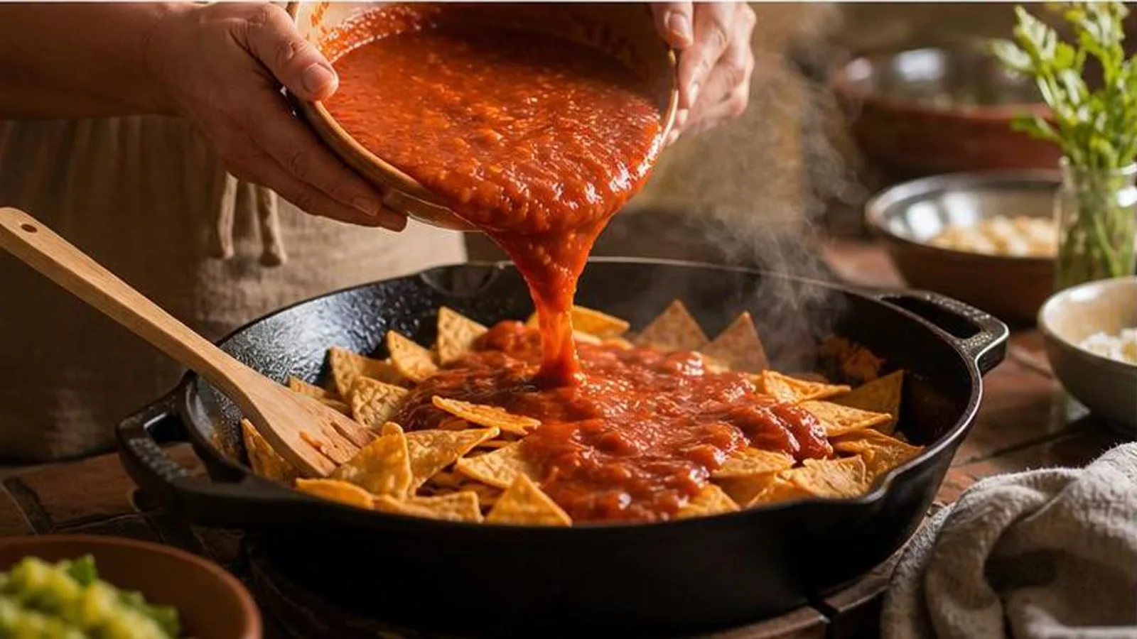 Preparacion casera de chilaquiles rojos mezclando salsa y totopos en sarten