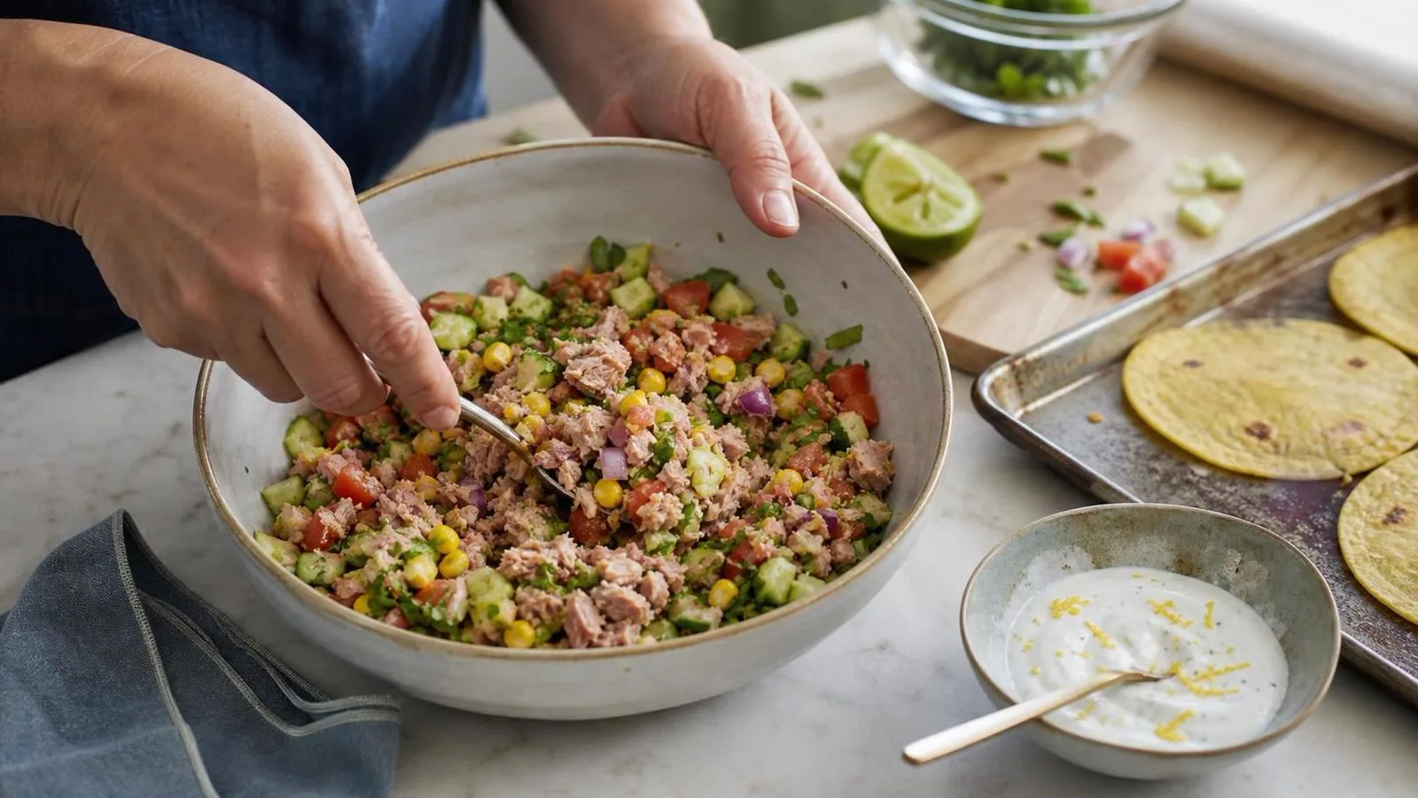 Preparacion casera de atun con verduras frescas para tostadas horneadas